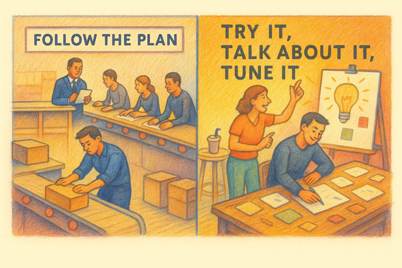 Coloured pencil illustration split in two: on the left, a rigid factory line under 'Follow the Plan'; on the right, a collaborative studio under 'Try It, Talk About It, Tune It'