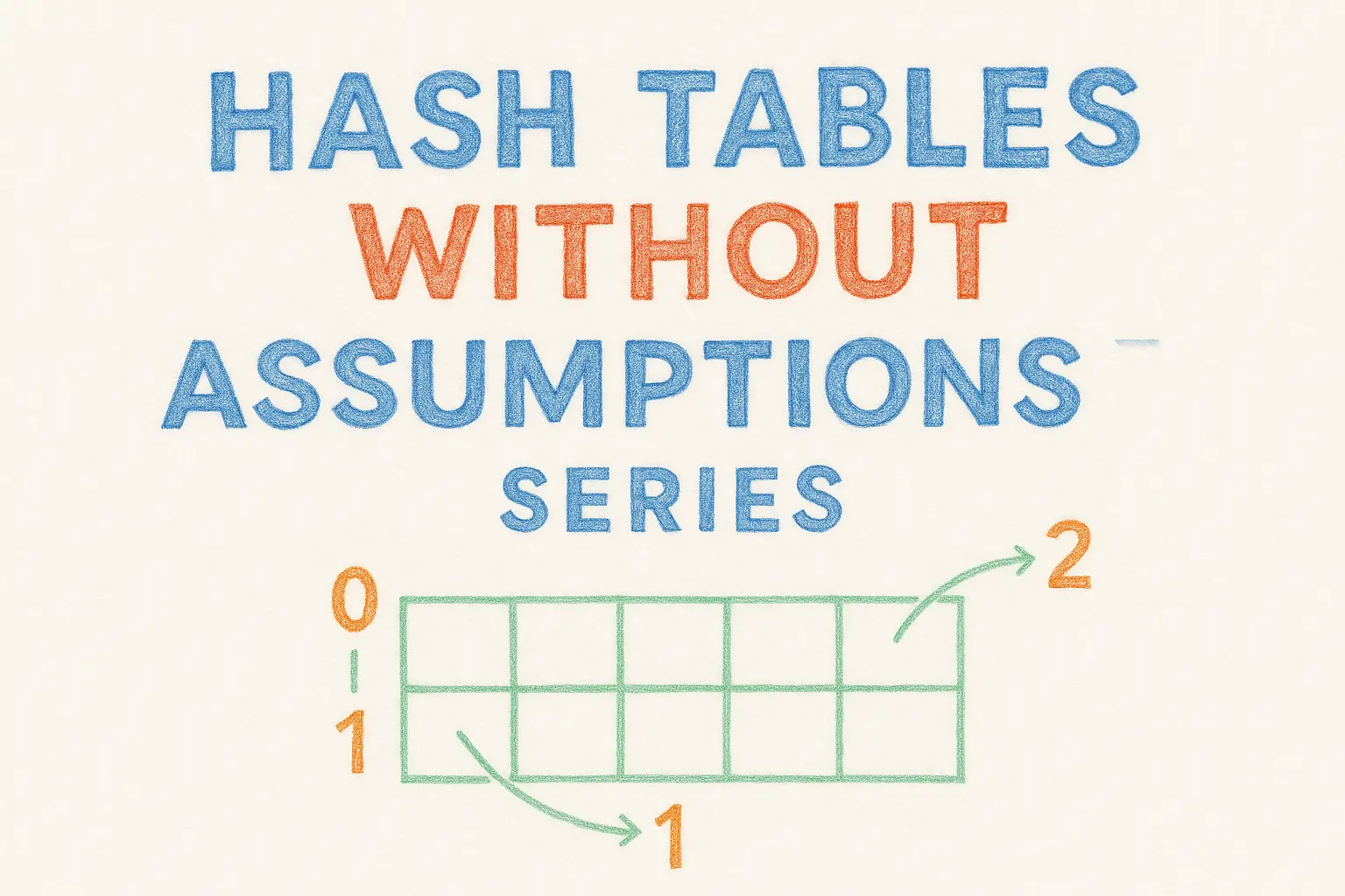 Coloured pencil illustration of the title 'Hash Tables Without Assumptions Series' with a hand-drawn hash table below and arrows pointing to index positions 1 and 2